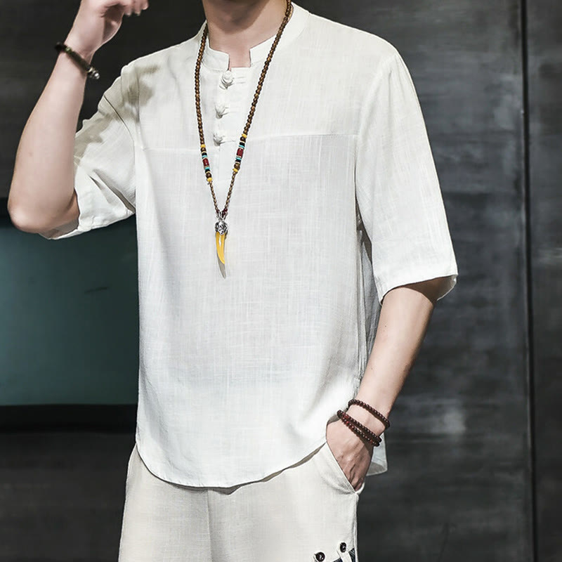 Nimara Ritual Casual Vintage Chinese Frog-Button Men's Half Sleeve Cotton Linen T-Shirt