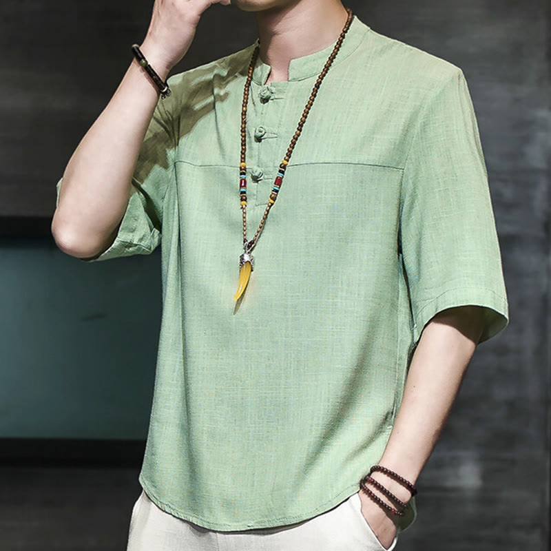 Nimara Ritual Casual Vintage Chinese Frog-Button Men's Half Sleeve Cotton Linen T-Shirt