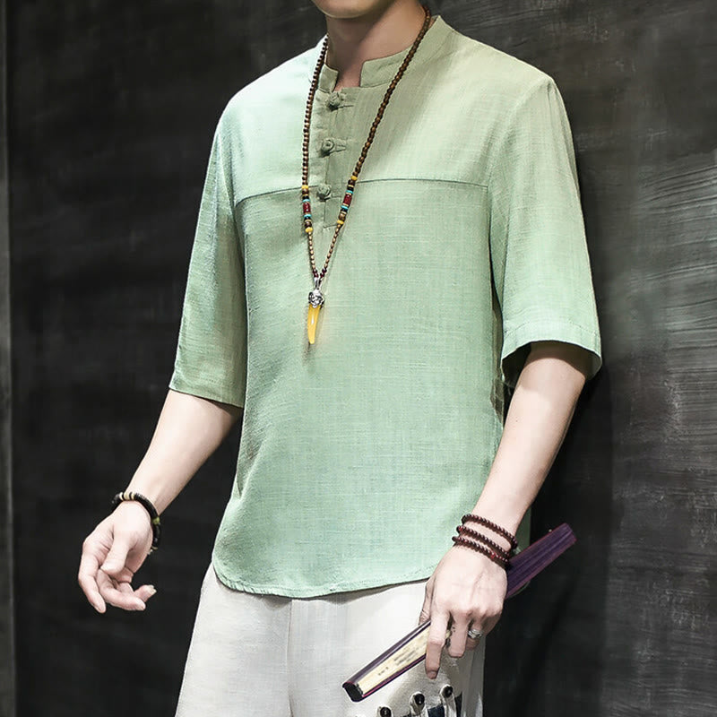Nimara Ritual Casual Vintage Chinese Frog-Button Men's Half Sleeve Cotton Linen T-Shirt