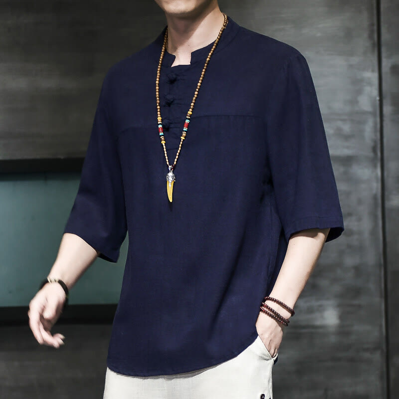 Nimara Ritual Casual Vintage Chinese Frog-Button Men's Half Sleeve Cotton Linen T-Shirt