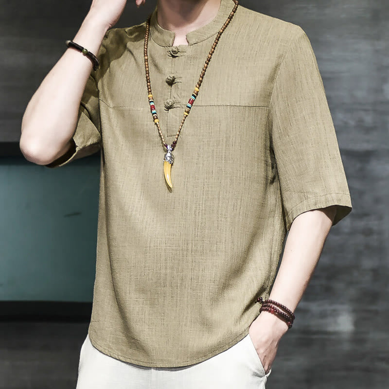 Nimara Ritual Casual Vintage Chinese Frog-Button Men's Half Sleeve Cotton Linen T-Shirt