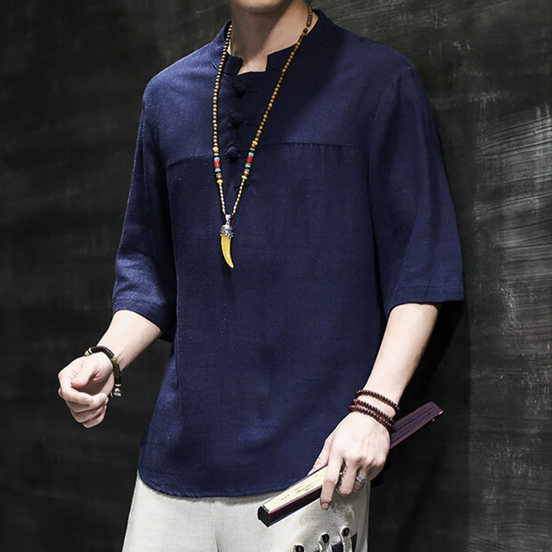 Nimara Ritual Casual Vintage Chinese Frog-Button Men's Half Sleeve Cotton Linen T-Shirt