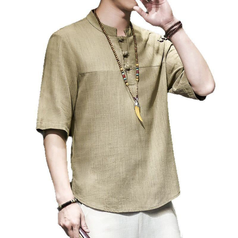 Nimara Ritual Casual Vintage Chinese Frog-Button Men's Half Sleeve Cotton Linen T-Shirt