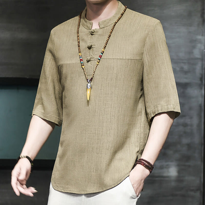 Nimara Ritual Casual Vintage Chinese Frog-Button Men's Half Sleeve Cotton Linen T-Shirt