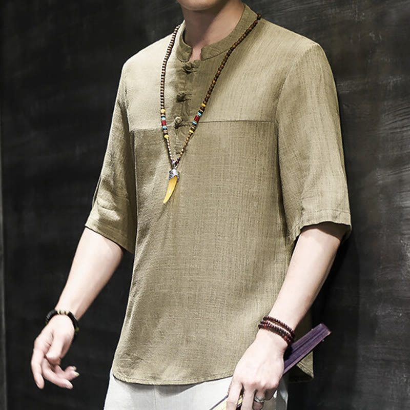 Nimara Ritual Casual Vintage Chinese Frog-Button Men's Half Sleeve Cotton Linen T-Shirt