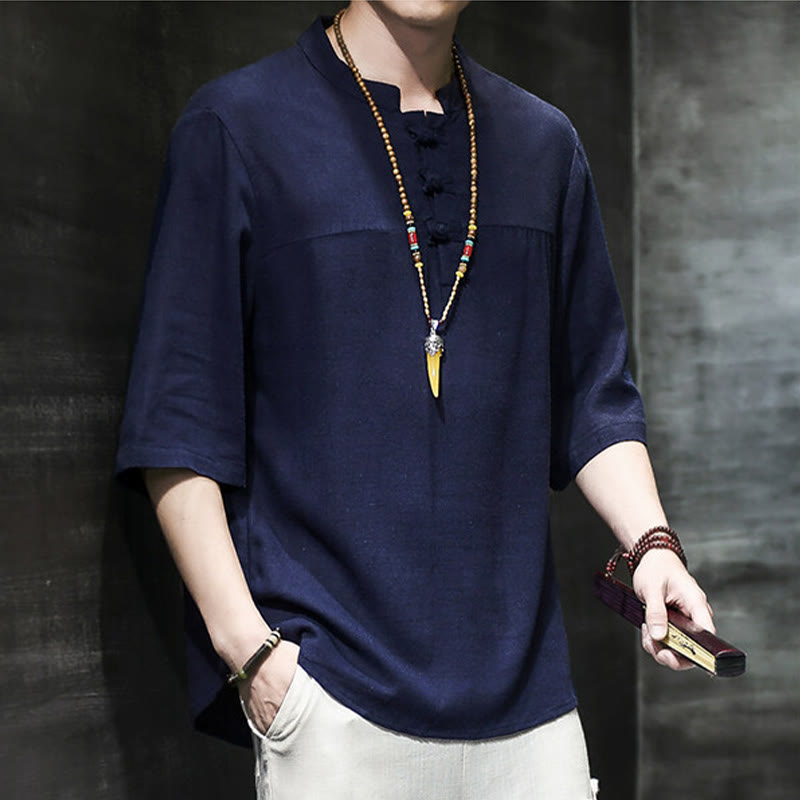 Nimara Ritual Casual Vintage Chinese Frog-Button Men's Half Sleeve Cotton Linen T-Shirt