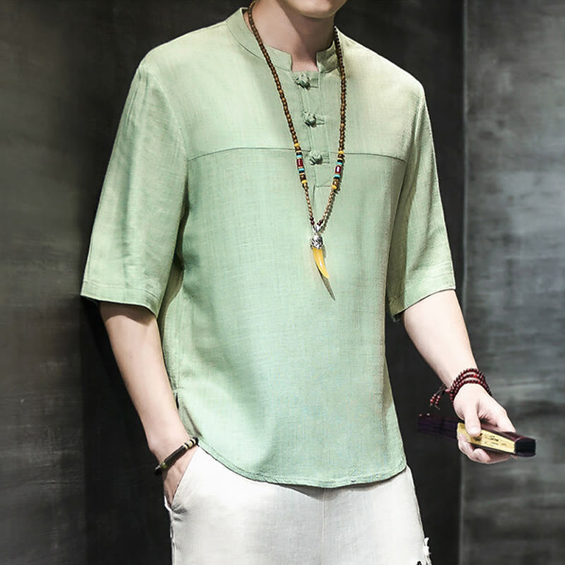 Nimara Ritual Casual Vintage Chinese Frog-Button Men's Half Sleeve Cotton Linen T-Shirt