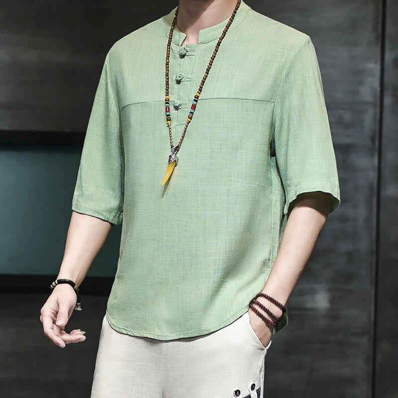 Nimara Ritual Casual Vintage Chinese Frog-Button Men's Half Sleeve Cotton Linen T-Shirt