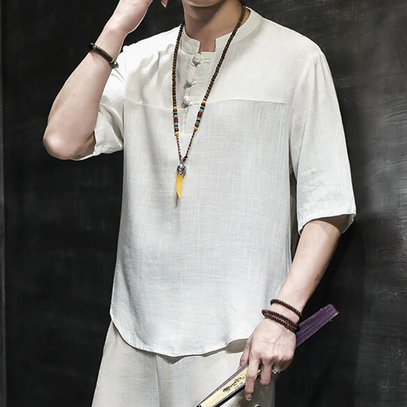 Nimara Ritual Casual Vintage Chinese Frog-Button Men's Half Sleeve Cotton Linen T-Shirt