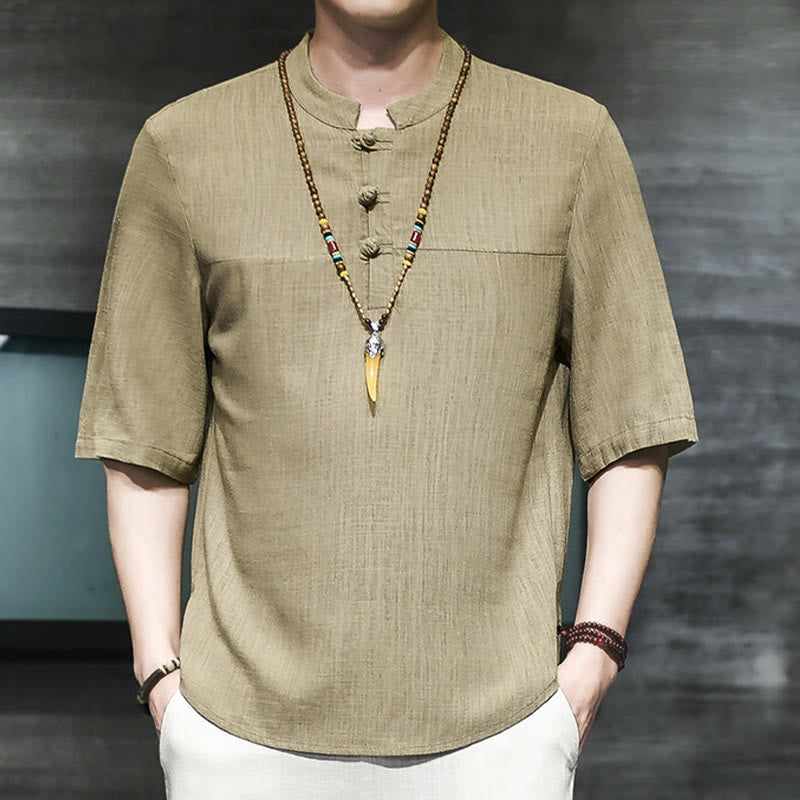 Nimara Ritual Casual Vintage Chinese Frog-Button Men's Half Sleeve Cotton Linen T-Shirt
