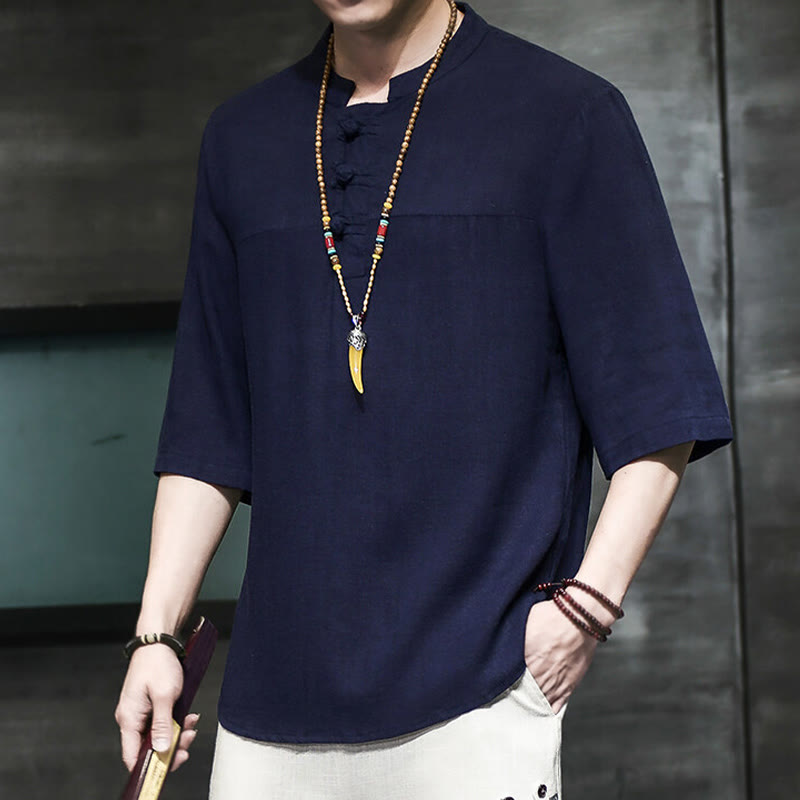 Nimara Ritual Casual Vintage Chinese Frog-Button Men's Half Sleeve Cotton Linen T-Shirt