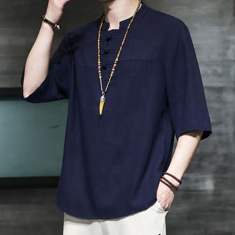 Nimara Ritual Casual Vintage Chinese Frog-Button Men's Half Sleeve Cotton Linen T-Shirt