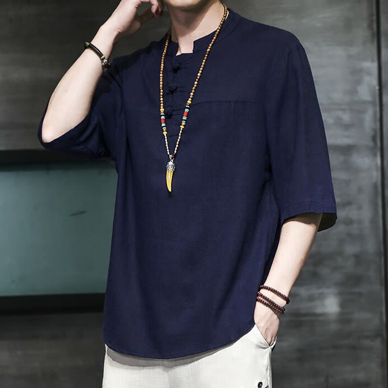 Nimara Ritual Casual Vintage Chinese Frog-Button Men's Half Sleeve Cotton Linen T-Shirt