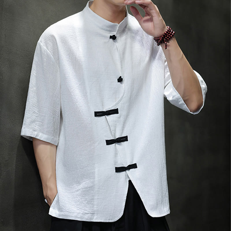 Nimara Ritual Plain Chinese Frog-Button Stand Collar Cotton Linen Men's Half Sleeve Shirt