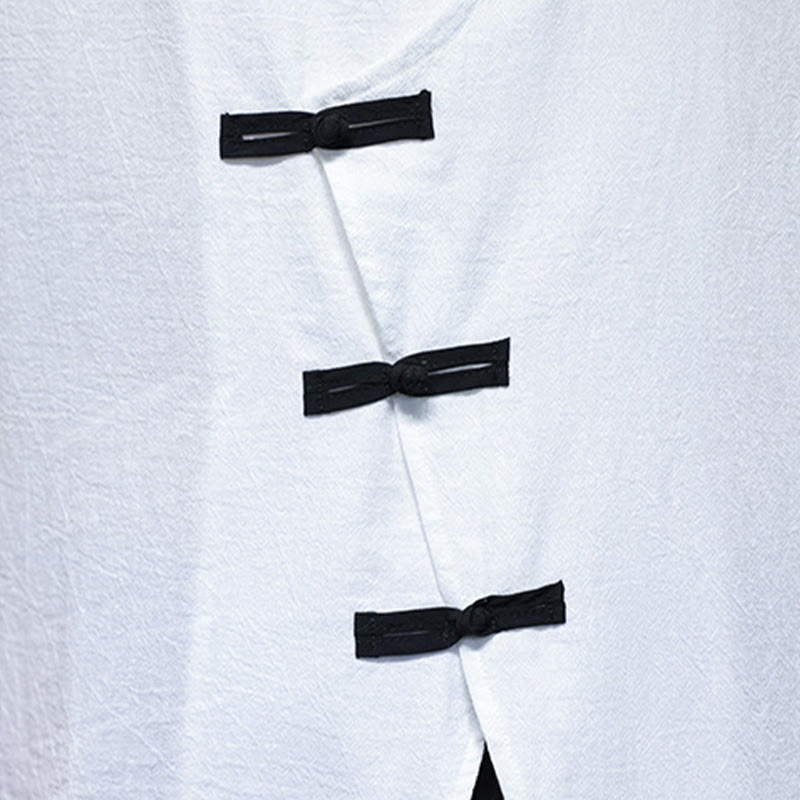 Nimara Ritual Plain Chinese Frog-Button Stand Collar Cotton Linen Men's Half Sleeve Shirt