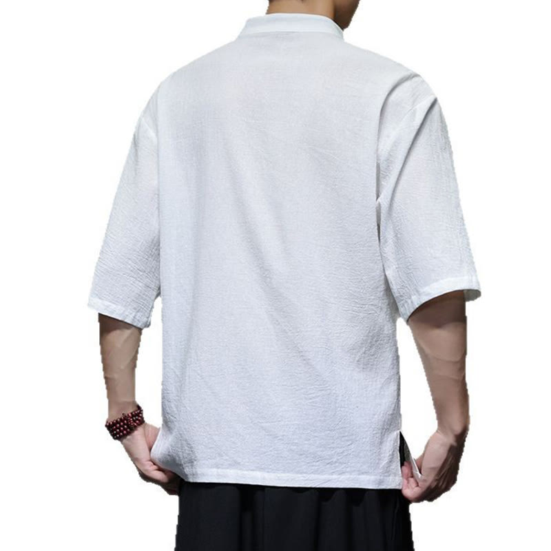 Nimara Ritual Plain Chinese Frog-Button Stand Collar Cotton Linen Men's Half Sleeve Shirt