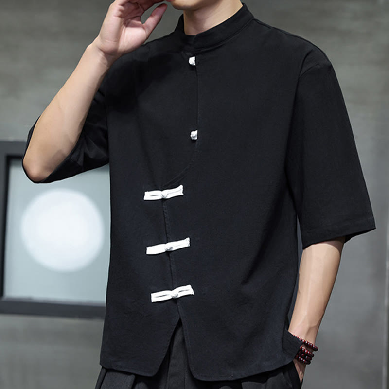 Nimara Ritual Plain Chinese Frog-Button Stand Collar Cotton Linen Men's Half Sleeve Shirt
