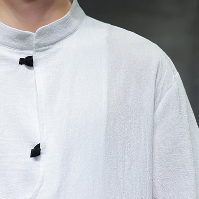 Nimara Ritual Plain Chinese Frog-Button Stand Collar Cotton Linen Men's Half Sleeve Shirt