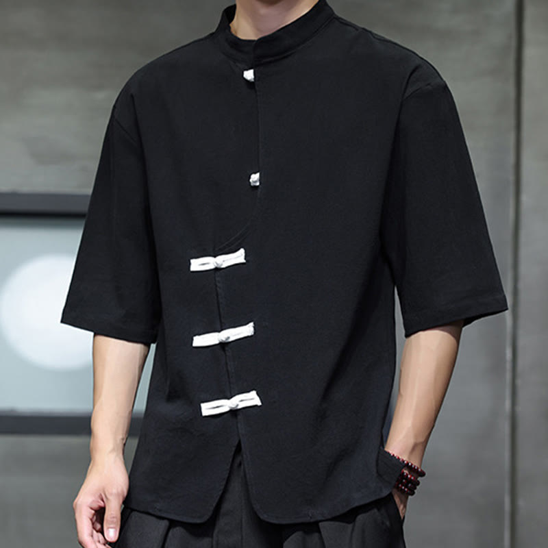 Nimara Ritual Plain Chinese Frog-Button Stand Collar Cotton Linen Men's Half Sleeve Shirt