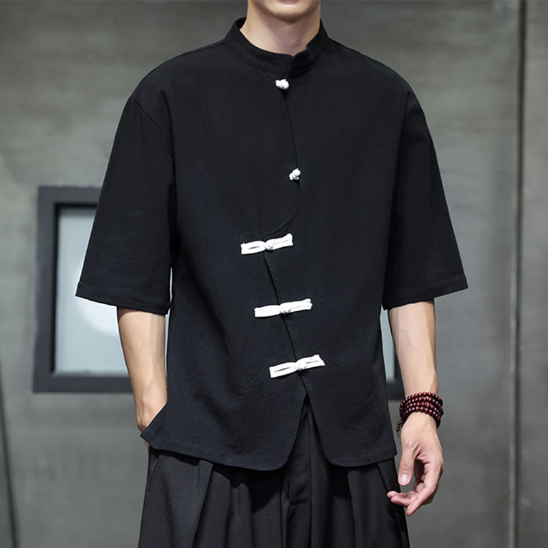 Nimara Ritual Plain Chinese Frog-Button Stand Collar Cotton Linen Men's Half Sleeve Shirt