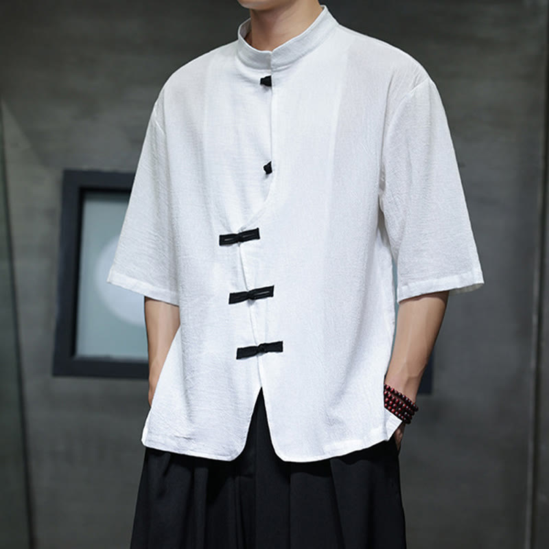 Nimara Ritual Plain Chinese Frog-Button Stand Collar Cotton Linen Men's Half Sleeve Shirt
