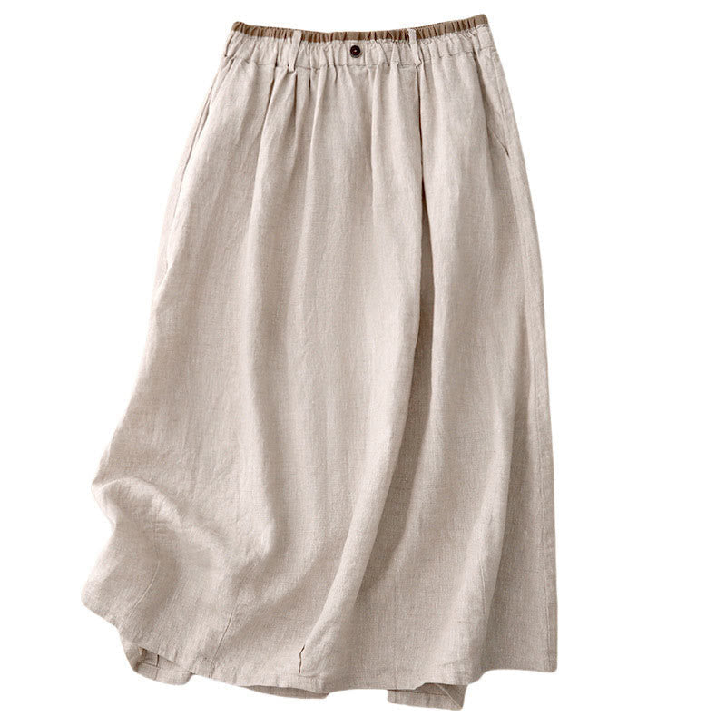 Nimara Ritual Vintage Casual Plain Side Slit Elastic Waist Cotton Linen Women's Skirt With Pockets