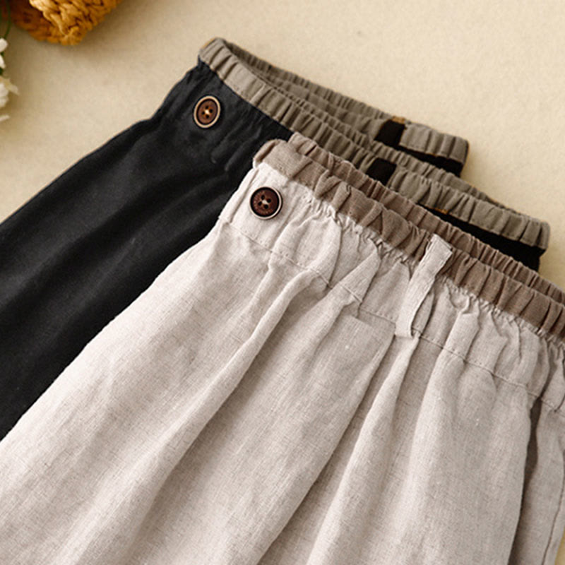 Nimara Ritual Vintage Casual Plain Side Slit Elastic Waist Cotton Linen Women's Skirt With Pockets