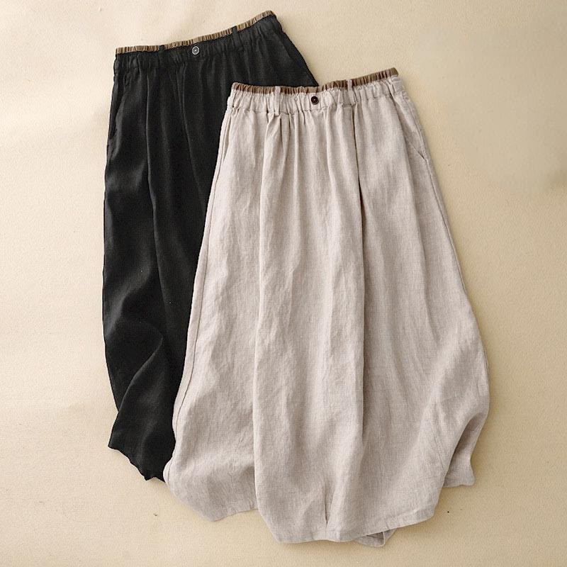 Nimara Ritual Vintage Casual Plain Side Slit Elastic Waist Cotton Linen Women's Skirt With Pockets