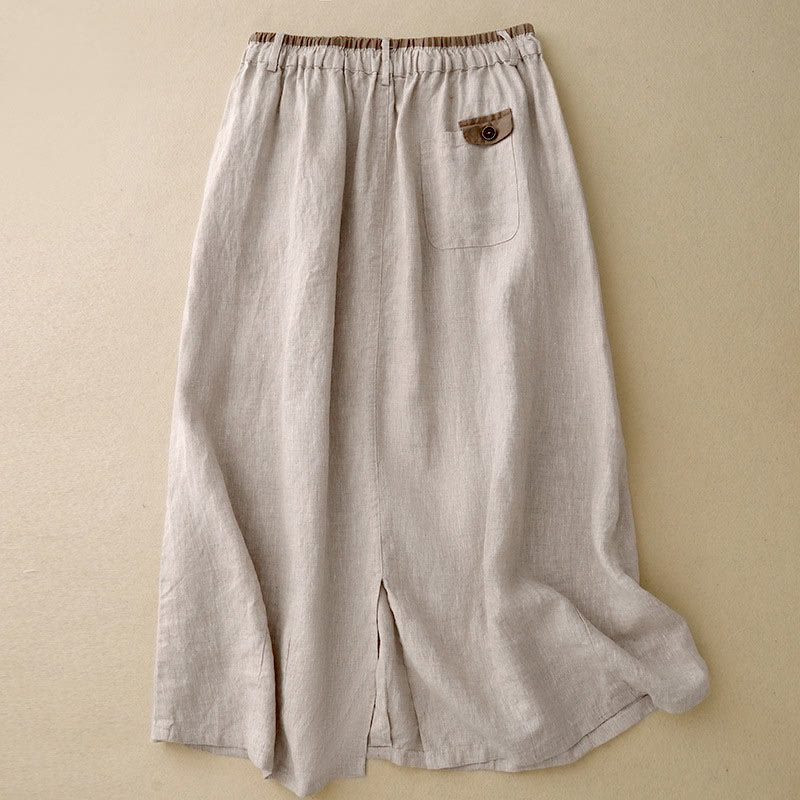 Nimara Ritual Vintage Casual Plain Side Slit Elastic Waist Cotton Linen Women's Skirt With Pockets