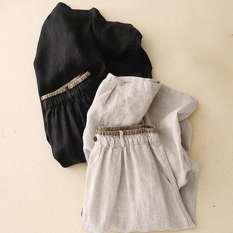 Nimara Ritual Vintage Casual Plain Side Slit Elastic Waist Cotton Linen Women's Skirt With Pockets