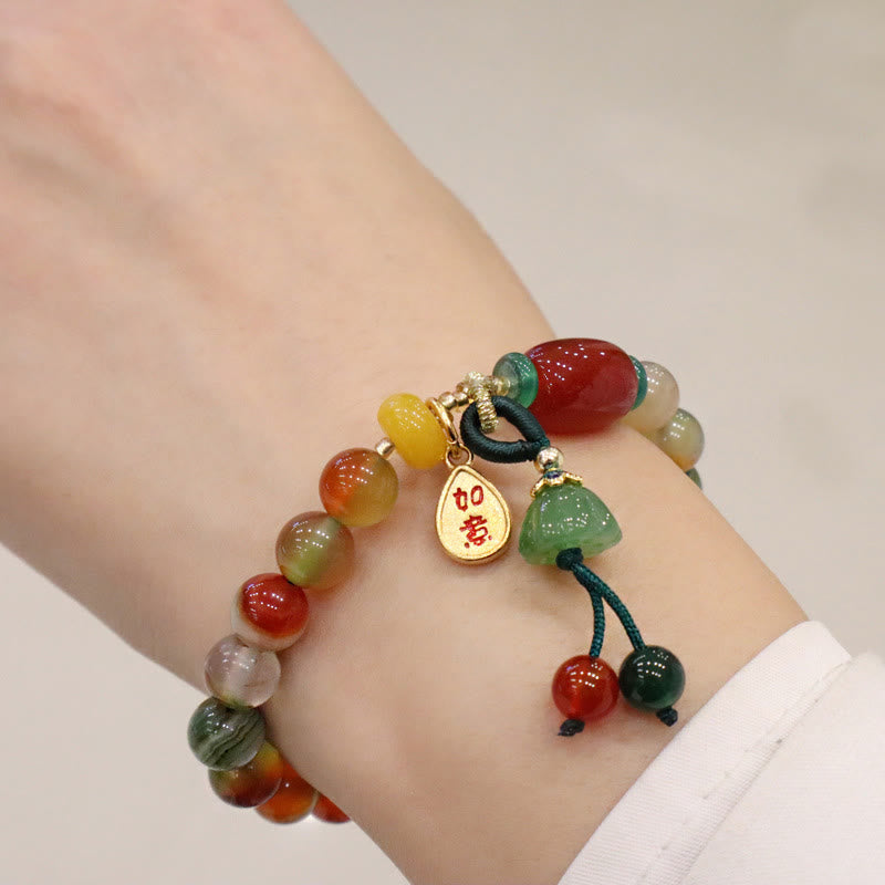 Nimara Ritual Natural Colorful Peacock Agate Chalcedony Ruyi As One Wishes Charm Courage Bracelet