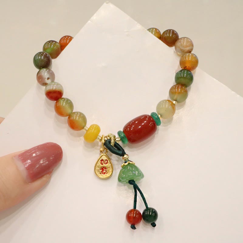 Nimara Ritual Natural Colorful Peacock Agate Chalcedony Ruyi As One Wishes Charm Courage Bracelet