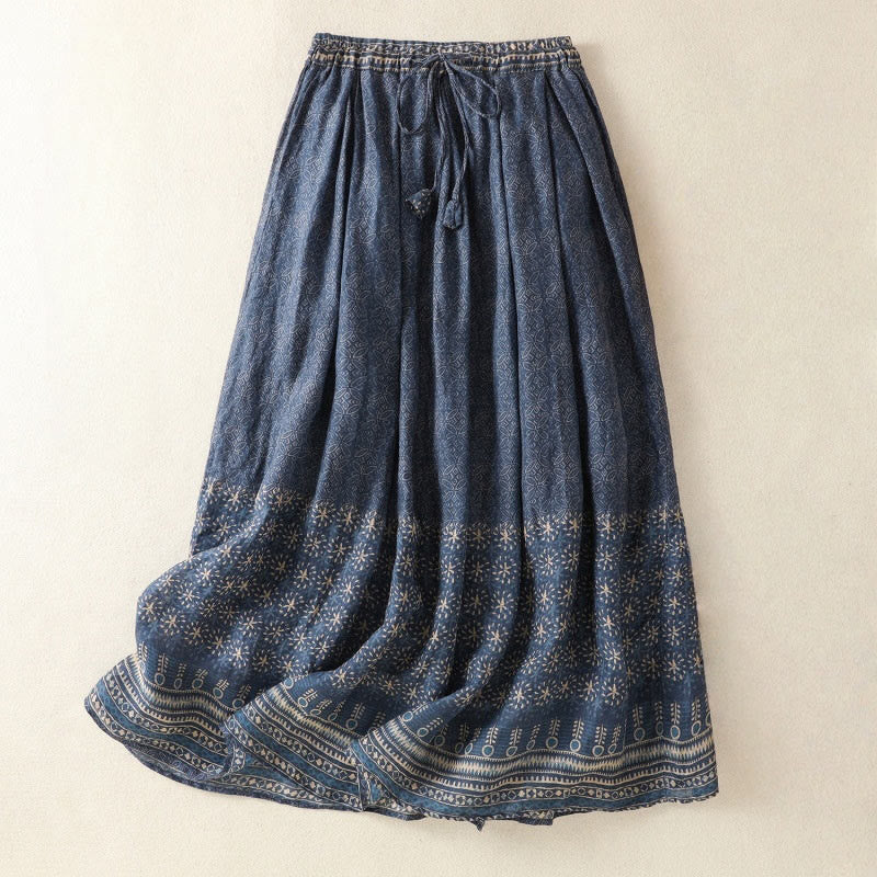 Nimara Ritual Vintage Ethnic Floral Pattern Lined Drawstring Women's Skirt With Pockets