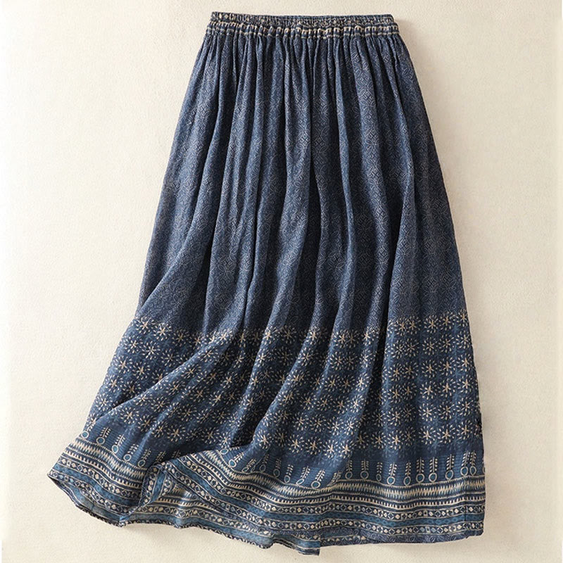 Nimara Ritual Vintage Ethnic Floral Pattern Lined Drawstring Women's Skirt With Pockets