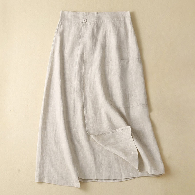 Nimara Ritual Vintage Summer Asymmetrical High Waist Women's Cotton Linen Skirt With Pockets