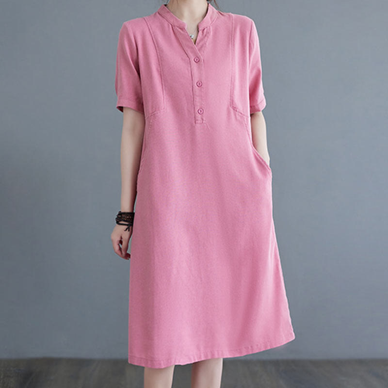 Nimara Ritual Casual Daily Pure Color Button Design Short Sleeve Cotton Linen Midi Dress With Pockets