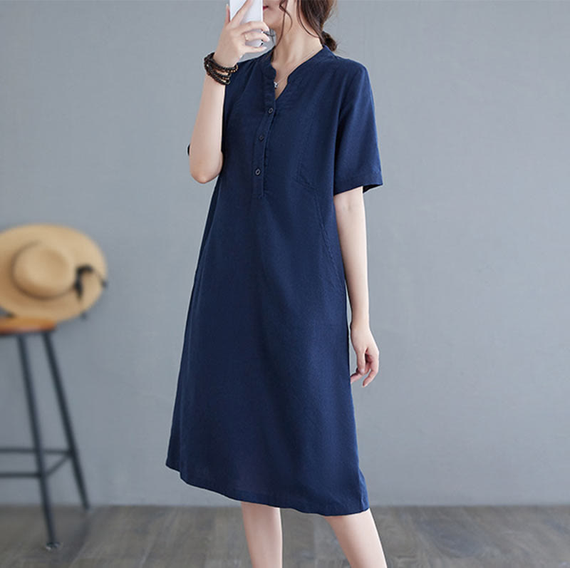 Nimara Ritual Casual Daily Pure Color Button Design Short Sleeve Cotton Linen Midi Dress With Pockets