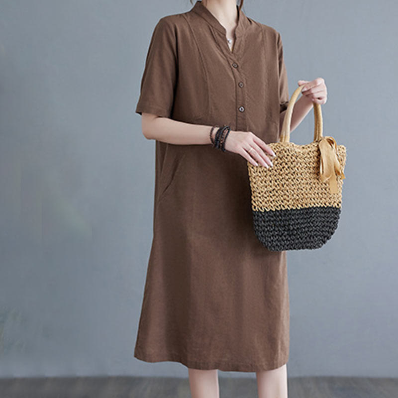 Nimara Ritual Casual Daily Pure Color Button Design Short Sleeve Cotton Linen Midi Dress With Pockets