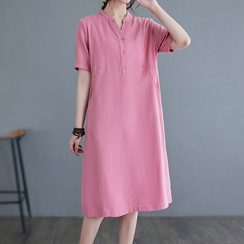 Nimara Ritual Casual Daily Pure Color Button Design Short Sleeve Cotton Linen Midi Dress With Pockets