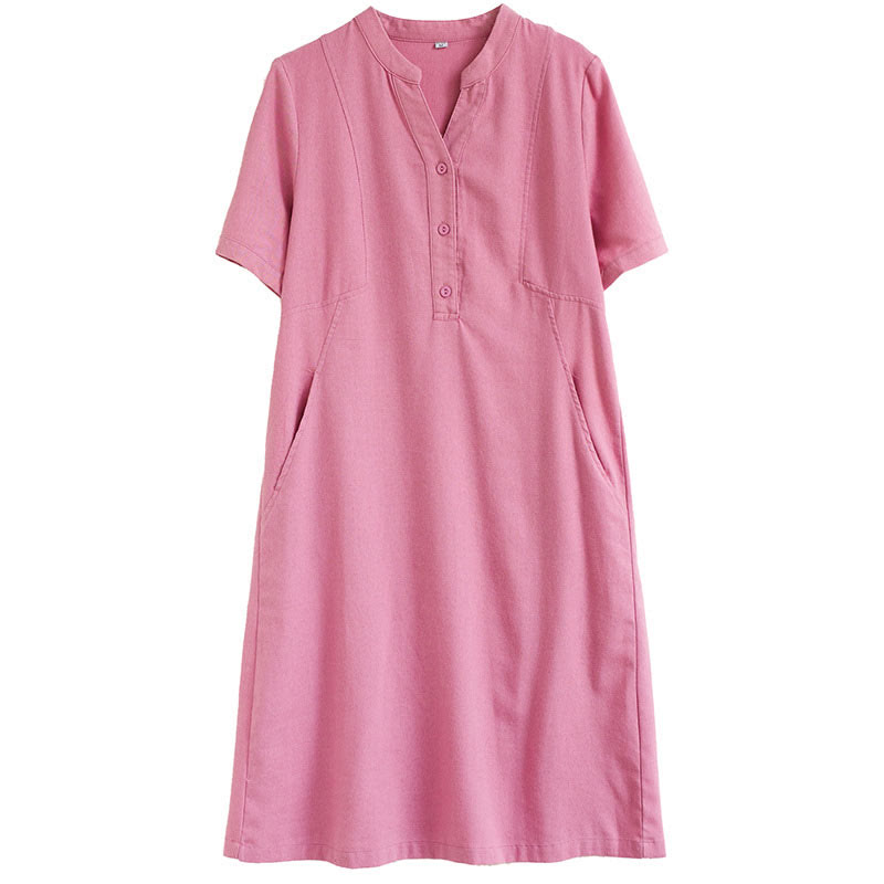 Nimara Ritual Casual Daily Pure Color Button Design Short Sleeve Cotton Linen Midi Dress With Pockets