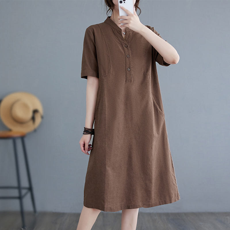 Nimara Ritual Casual Daily Pure Color Button Design Short Sleeve Cotton Linen Midi Dress With Pockets