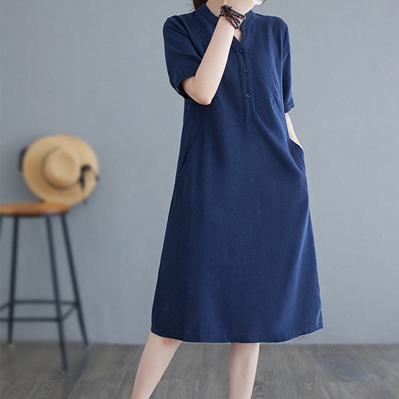 Nimara Ritual Casual Daily Pure Color Button Design Short Sleeve Cotton Linen Midi Dress With Pockets