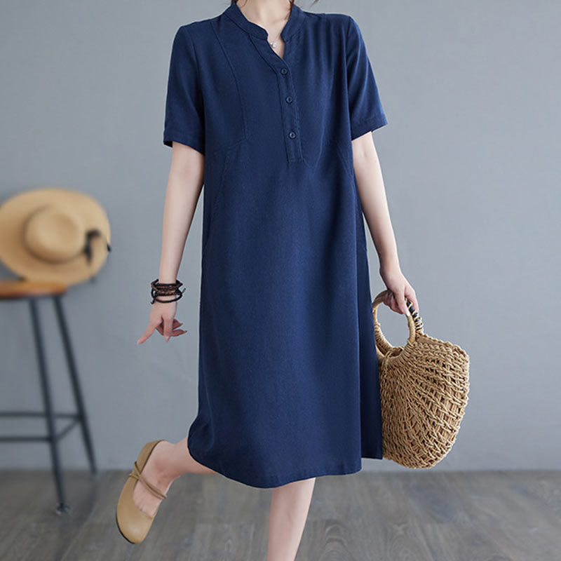 Nimara Ritual Casual Daily Pure Color Button Design Short Sleeve Cotton Linen Midi Dress With Pockets