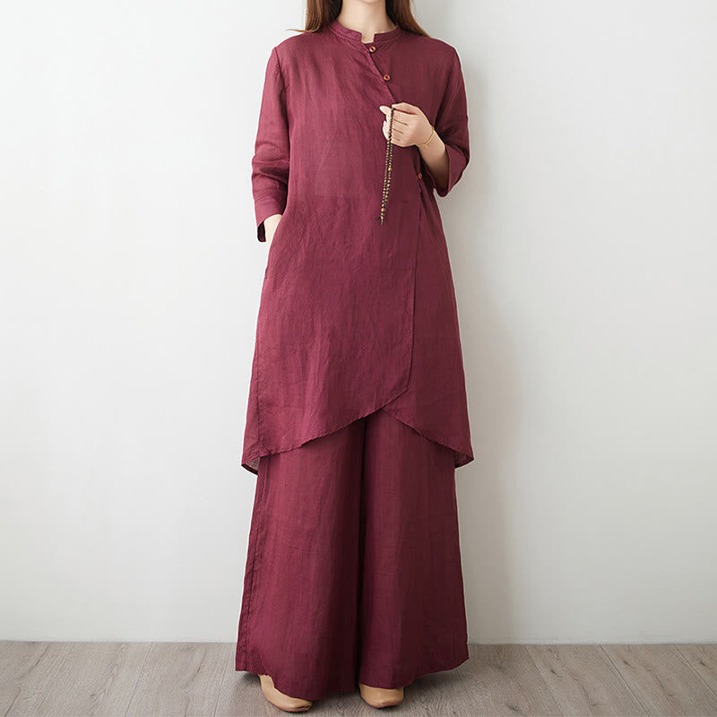 Nimara Ritual 2Pcs Three Quarter Sleeve Shirt Top Pants Meditation Zen Tai Chi Cotton Linen Clothing Women's Set