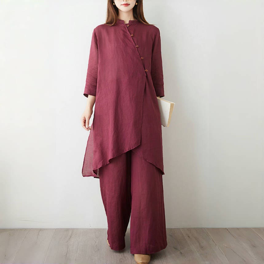 Nimara Ritual 2Pcs Three Quarter Sleeve Shirt Top Pants Meditation Zen Tai Chi Cotton Linen Clothing Women's Set
