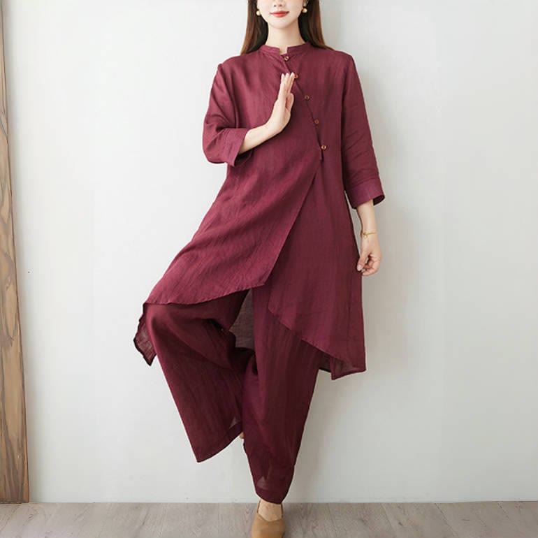 Nimara Ritual 2Pcs Three Quarter Sleeve Shirt Top Pants Meditation Zen Tai Chi Cotton Linen Clothing Women's Set