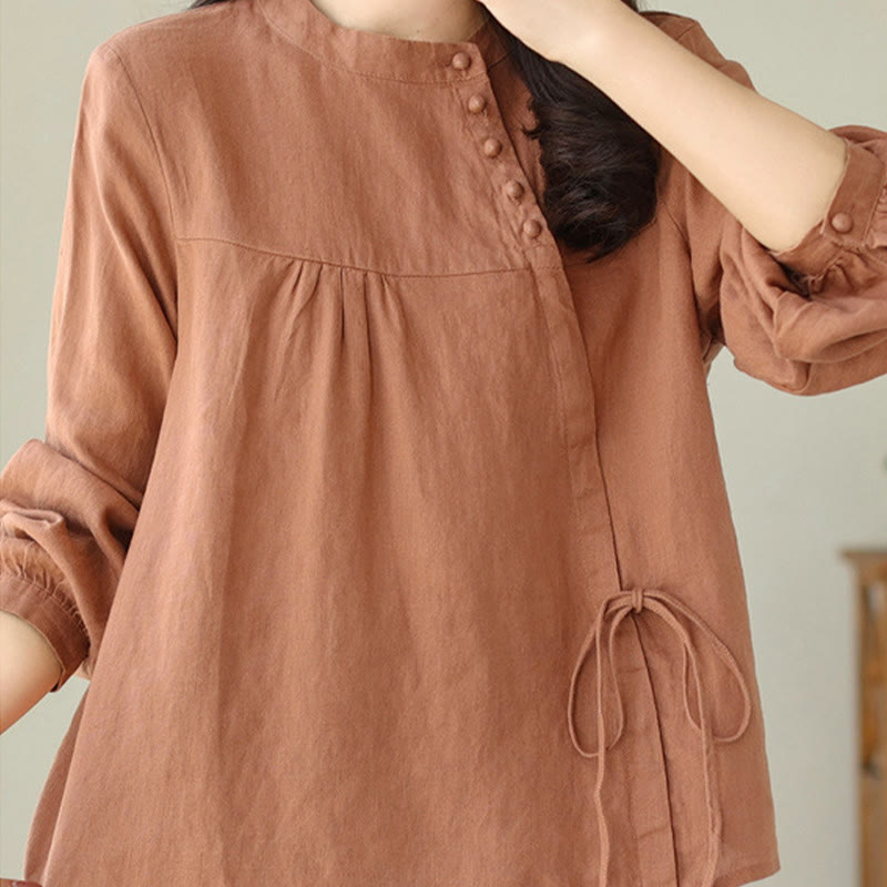 Nimara Ritual Fall Casual Solid Color Stand Collar Long Sleeve Cotton Linen Women's Shirt