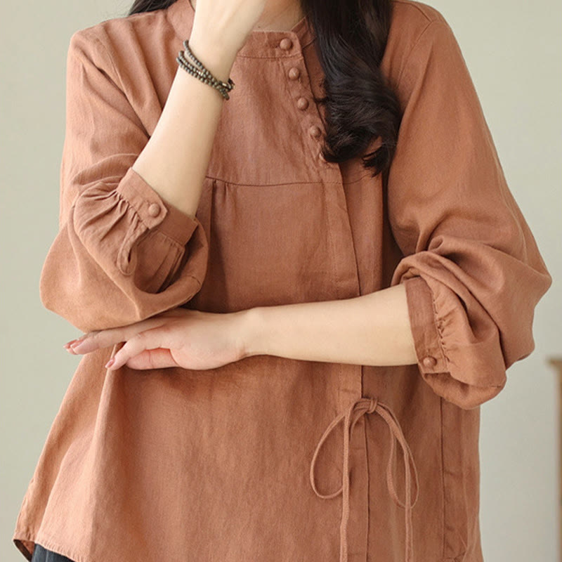 Nimara Ritual Fall Casual Solid Color Stand Collar Long Sleeve Cotton Linen Women's Shirt