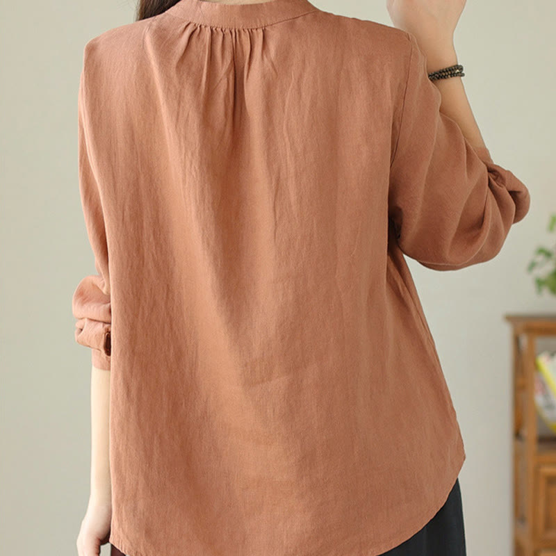 Nimara Ritual Fall Casual Solid Color Stand Collar Long Sleeve Cotton Linen Women's Shirt