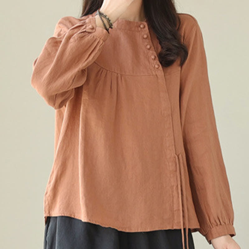 Nimara Ritual Fall Casual Solid Color Stand Collar Long Sleeve Cotton Linen Women's Shirt